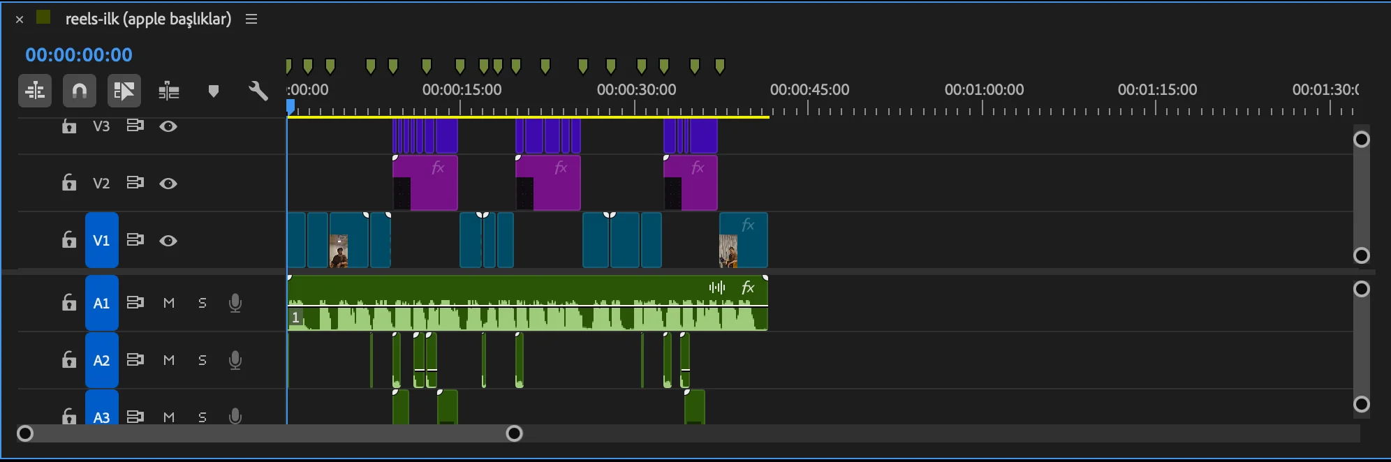 Premiere Pro timeline: 3 video kanalı, ses kanalları ve 17 marker